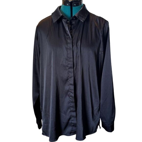 Escalier Satin Button Down Blouse - Size Large, Black - Picture 4 of 8